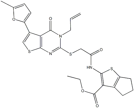 ethyl 2-[({[3-allyl-5-(5-methyl-2-furyl)-4-oxo-3,4-dihydrothieno[2,3-d]pyrimidin-2-yl]sulfanyl}acetyl)amino]-5,6-dihydro-4H-cyclopenta[b]thiophene-3-carboxylate Struktur