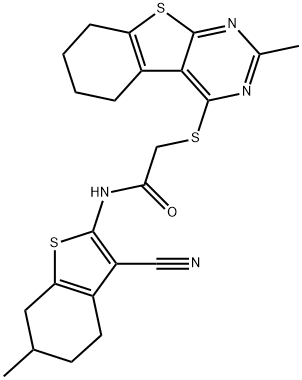 N-(3-cyano-6-methyl-4,5,6,7-tetrahydro-1-benzothien-2-yl)-2-[(2-methyl-5,6,7,8-tetrahydro[1]benzothieno[2,3-d]pyrimidin-4-yl)sulfanyl]acetamide Struktur