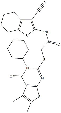 N-(3-cyano-4,5,6,7-tetrahydro-1-benzothien-2-yl)-2-[(3-cyclohexyl-5,6-dimethyl-4-oxo-3,4-dihydrothieno[2,3-d]pyrimidin-2-yl)sulfanyl]acetamide Struktur