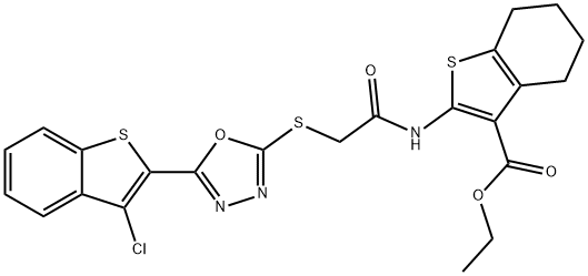 ethyl 2-[({[5-(3-chloro-1-benzothien-2-yl)-1,3,4-oxadiazol-2-yl]sulfanyl}acetyl)amino]-4,5,6,7-tetrahydro-1-benzothiophene-3-carboxylate Struktur