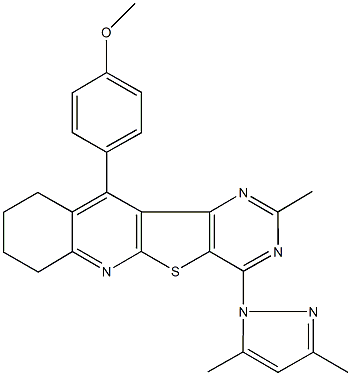 4-[4-(3,5-dimethyl-1H-pyrazol-1-yl)-2-methyl-7,8,9,10-tetrahydropyrimido[4',5':4,5]thieno[2,3-b]quinolin-11-yl]phenyl methyl ether Struktur