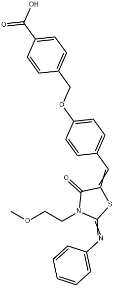 4-[(4-{[3-(2-methoxyethyl)-4-oxo-2-(phenylimino)-1,3-thiazolidin-5-ylidene]methyl}phenoxy)methyl]benzoic acid Struktur