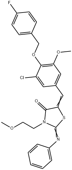 5-{3-chloro-4-[(4-fluorobenzyl)oxy]-5-methoxybenzylidene}-3-(2-methoxyethyl)-2-(phenylimino)-1,3-thiazolidin-4-one Struktur