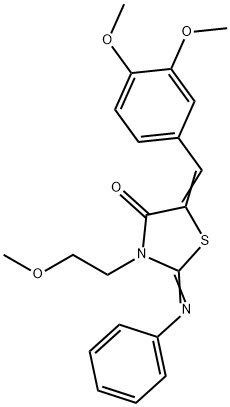 5-(3,4-dimethoxybenzylidene)-3-(2-methoxyethyl)-2-(phenylimino)-1,3-thiazolidin-4-one Struktur