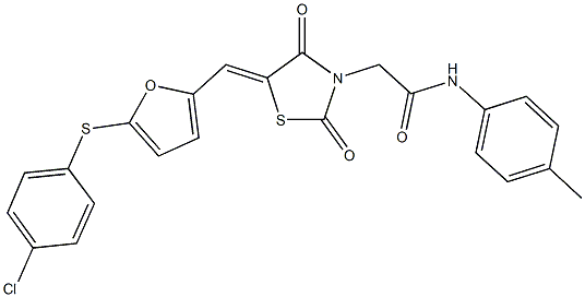 2-[5-({5-[(4-chlorophenyl)sulfanyl]-2-furyl}methylene)-2,4-dioxo-1,3-thiazolidin-3-yl]-N-(4-methylphenyl)acetamide Struktur