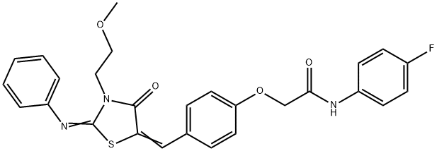 N-(4-fluorophenyl)-2-(4-{[3-(2-methoxyethyl)-4-oxo-2-(phenylimino)-1,3-thiazolidin-5-ylidene]methyl}phenoxy)acetamide Struktur