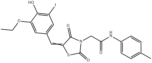 2-[5-(3-ethoxy-4-hydroxy-5-iodobenzylidene)-2,4-dioxo-1,3-thiazolidin-3-yl]-N-(4-methylphenyl)acetamide Struktur