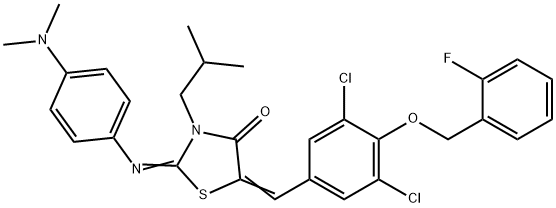 5-{3,5-dichloro-4-[(2-fluorobenzyl)oxy]benzylidene}-2-{[4-(dimethylamino)phenyl]imino}-3-isobutyl-1,3-thiazolidin-4-one Struktur