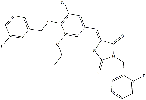 5-{3-chloro-5-ethoxy-4-[(3-fluorobenzyl)oxy]benzylidene}-3-(2-fluorobenzyl)-1,3-thiazolidine-2,4-dione Struktur