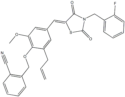 2-[(2-allyl-4-{[3-(2-fluorobenzyl)-2,4-dioxo-1,3-thiazolidin-5-ylidene]methyl}-6-methoxyphenoxy)methyl]benzonitrile Struktur