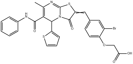 {4-[(6-(anilinocarbonyl)-7-methyl-3-oxo-5-thien-2-yl-5H-[1,3]thiazolo[3,2-a]pyrimidin-2(3H)-ylidene)methyl]-2-bromophenoxy}acetic acid Struktur