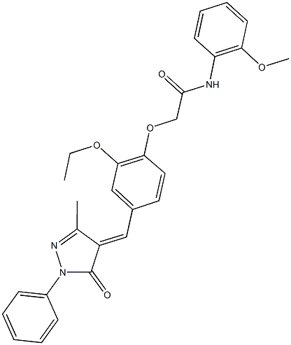 2-{2-ethoxy-4-[(3-methyl-5-oxo-1-phenyl-1,5-dihydro-4H-pyrazol-4-ylidene)methyl]phenoxy}-N-(2-methoxyphenyl)acetamide Struktur