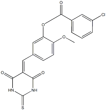 5-[(4,6-dioxo-2-thioxotetrahydro-5(2H)-pyrimidinylidene)methyl]-2-methoxyphenyl 3-chlorobenzoate Struktur