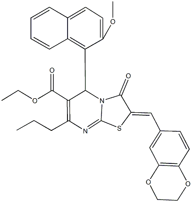 ethyl 2-(2,3-dihydro-1,4-benzodioxin-6-ylmethylene)-5-(2-methoxy-1-naphthyl)-3-oxo-7-propyl-2,3-dihydro-5H-[1,3]thiazolo[3,2-a]pyrimidine-6-carboxylate Struktur