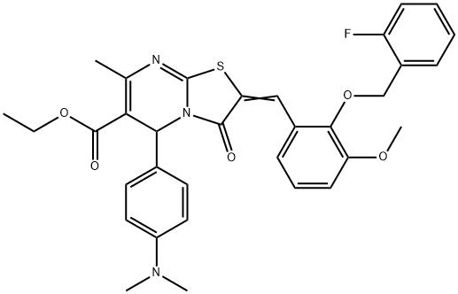 ethyl 5-[4-(dimethylamino)phenyl]-2-{2-[(2-fluorobenzyl)oxy]-3-methoxybenzylidene}-7-methyl-3-oxo-2,3-dihydro-5H-[1,3]thiazolo[3,2-a]pyrimidine-6-carboxylate Struktur