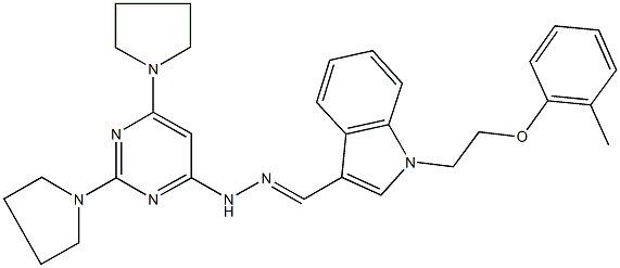 1-[2-(2-methylphenoxy)ethyl]-1H-indole-3-carbaldehyde [2,6-di(1-pyrrolidinyl)-4-pyrimidinyl]hydrazone Struktur