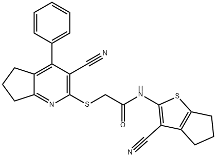 N-(3-cyano-5,6-dihydro-4H-cyclopenta[b]thien-2-yl)-2-[(3-cyano-4-phenyl-6,7-dihydro-5H-cyclopenta[b]pyridin-2-yl)sulfanyl]acetamide Struktur