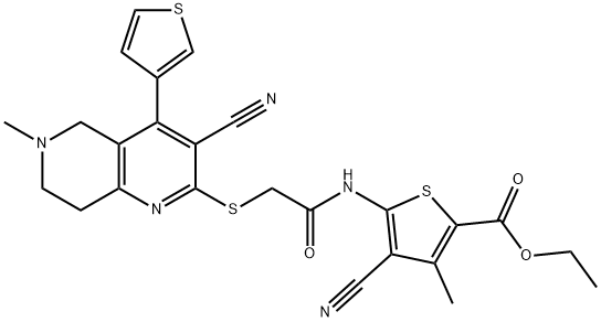 ethyl 4-cyano-5-[({[3-cyano-6-methyl-4-(3-thienyl)-5,6,7,8-tetrahydro[1,6]naphthyridin-2-yl]sulfanyl}acetyl)amino]-3-methyl-2-thiophenecarboxylate Struktur