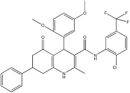 N-[2-chloro-5-(trifluoromethyl)phenyl]-4-(2,5-dimethoxyphenyl)-2-methyl-5-oxo-7-phenyl-1,4,5,6,7,8-hexahydro-3-quinolinecarboxamide Struktur