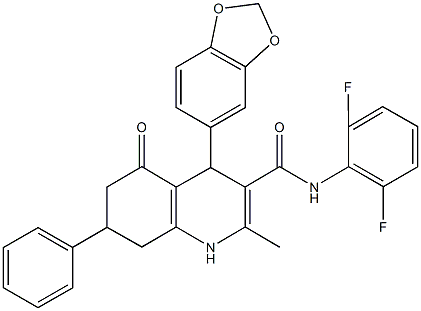 4-(1,3-benzodioxol-5-yl)-N-(2,6-difluorophenyl)-2-methyl-5-oxo-7-phenyl-1,4,5,6,7,8-hexahydro-3-quinolinecarboxamide Struktur