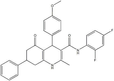 N-(2,4-difluorophenyl)-4-(4-methoxyphenyl)-2-methyl-5-oxo-7-phenyl-1,4,5,6,7,8-hexahydro-3-quinolinecarboxamide Struktur