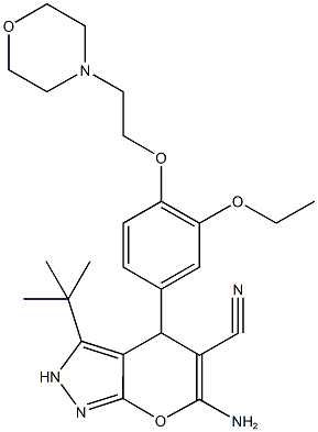 6-amino-3-tert-butyl-4-[3-ethoxy-4-(2-morpholin-4-ylethoxy)phenyl]-2,4-dihydropyrano[2,3-c]pyrazole-5-carbonitrile Struktur