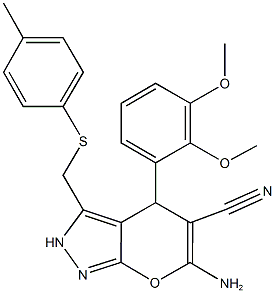 6-amino-4-(2,3-dimethoxyphenyl)-3-{[(4-methylphenyl)sulfanyl]methyl}-2,4-dihydropyrano[2,3-c]pyrazole-5-carbonitrile Struktur