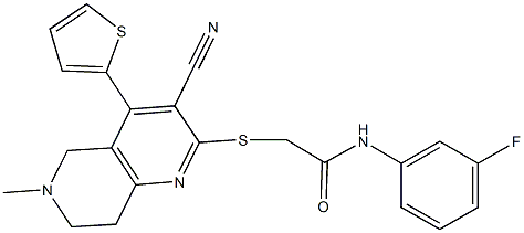 2-{[3-cyano-6-methyl-4-(2-thienyl)-5,6,7,8-tetrahydro[1,6]naphthyridin-2-yl]sulfanyl}-N-(3-fluorophenyl)acetamide Struktur