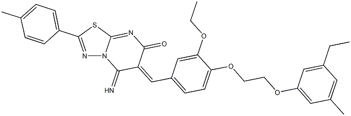 6-{3-ethoxy-4-[2-(3-ethyl-5-methylphenoxy)ethoxy]benzylidene}-5-imino-2-(4-methylphenyl)-5,6-dihydro-7H-[1,3,4]thiadiazolo[3,2-a]pyrimidin-7-one Struktur