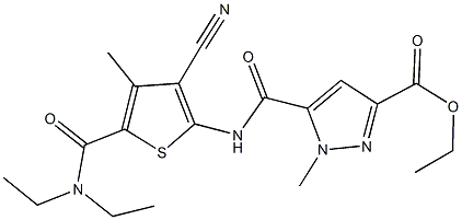 ethyl 5-[({3-cyano-5-[(diethylamino)carbonyl]-4-methyl-2-thienyl}amino)carbonyl]-1-methyl-1H-pyrazole-3-carboxylate Struktur