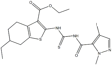 ethyl 6-ethyl-2-[({[(4-iodo-1-methyl-1H-pyrazol-5-yl)carbonyl]amino}carbothioyl)amino]-4,5,6,7-tetrahydro-1-benzothiophene-3-carboxylate Struktur