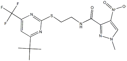 N-(2-{[4-tert-butyl-6-(trifluoromethyl)-2-pyrimidinyl]sulfanyl}ethyl)-4-nitro-1-methyl-1H-pyrazole-3-carboxamide Struktur