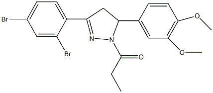 5-[3,4-bis(methyloxy)phenyl]-3-(2,4-dibromophenyl)-1-propanoyl-4,5-dihydro-1H-pyrazole Struktur