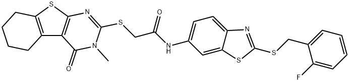 N-{2-[(2-fluorobenzyl)sulfanyl]-1,3-benzothiazol-6-yl}-2-[(3-methyl-4-oxo-3,4,5,6,7,8-hexahydro[1]benzothieno[2,3-d]pyrimidin-2-yl)sulfanyl]acetamide Struktur