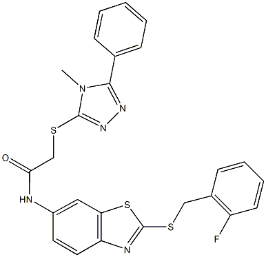 N-{2-[(2-fluorobenzyl)sulfanyl]-1,3-benzothiazol-6-yl}-2-[(4-methyl-5-phenyl-4H-1,2,4-triazol-3-yl)sulfanyl]acetamide Struktur