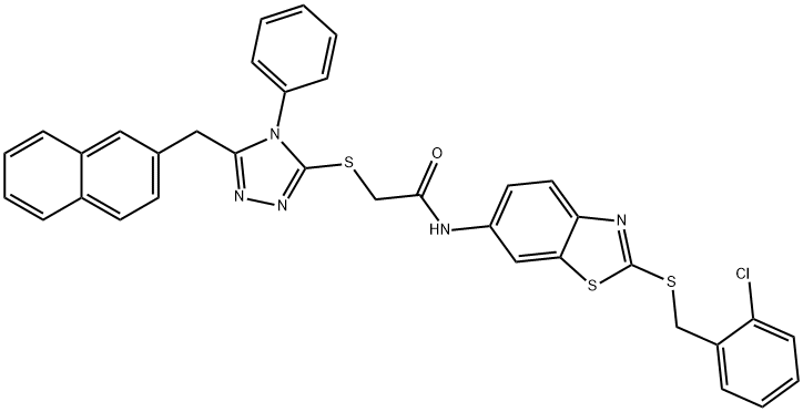 N-{2-[(2-chlorobenzyl)thio]-1,3-benzothiazol-6-yl}-2-{[5-(2-naphthylmethyl)-4-phenyl-4H-1,2,4-triazol-3-yl]thio}acetamide Struktur