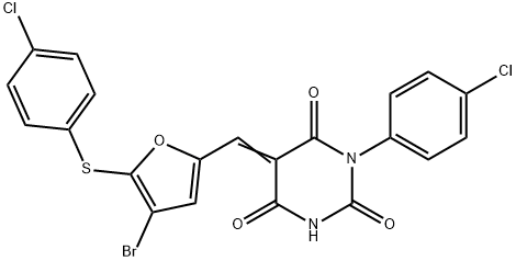 5-({4-bromo-5-[(4-chlorophenyl)sulfanyl]-2-furyl}methylene)-1-(4-chlorophenyl)-2,4,6(1H,3H,5H)-pyrimidinetrione Struktur