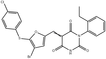 5-({4-bromo-5-[(4-chlorophenyl)sulfanyl]-2-furyl}methylene)-1-(2-ethylphenyl)-2,4,6(1H,3H,5H)-pyrimidinetrione Struktur