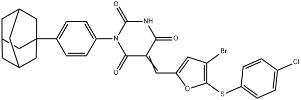 1-[4-(1-adamantyl)phenyl]-5-({4-bromo-5-[(4-chlorophenyl)sulfanyl]-2-furyl}methylene)-2,4,6(1H,3H,5H)-pyrimidinetrione Struktur