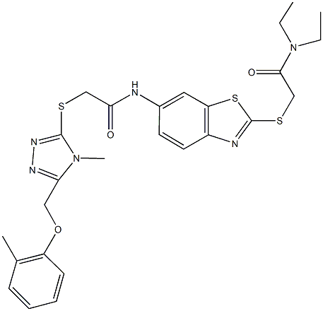 N-(2-{[2-(diethylamino)-2-oxoethyl]sulfanyl}-1,3-benzothiazol-6-yl)-2-({4-methyl-5-[(2-methylphenoxy)methyl]-4H-1,2,4-triazol-3-yl}sulfanyl)acetamide Struktur