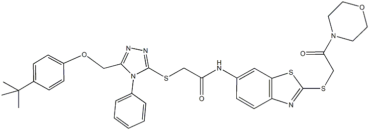 2-({5-[(4-tert-butylphenoxy)methyl]-4-phenyl-4H-1,2,4-triazol-3-yl}sulfanyl)-N-{2-[(2-morpholin-4-yl-2-oxoethyl)sulfanyl]-1,3-benzothiazol-6-yl}acetamide Struktur