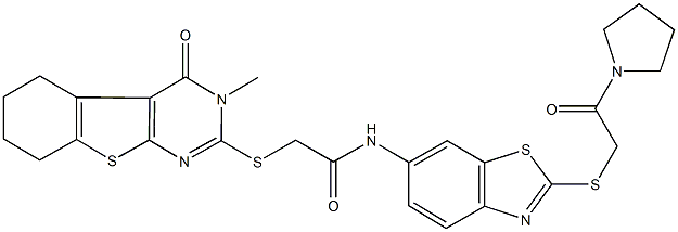 2-[(3-methyl-4-oxo-3,4,5,6,7,8-hexahydro[1]benzothieno[2,3-d]pyrimidin-2-yl)sulfanyl]-N-{2-[(2-oxo-2-pyrrolidin-1-ylethyl)sulfanyl]-1,3-benzothiazol-6-yl}acetamide Struktur