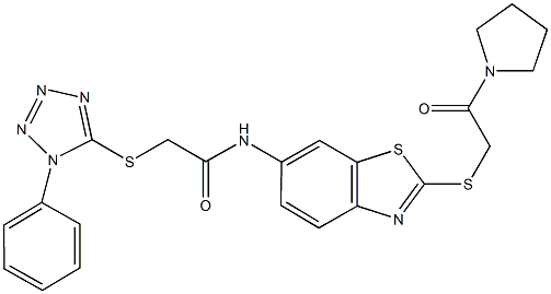 N-{2-[(2-oxo-2-pyrrolidin-1-ylethyl)sulfanyl]-1,3-benzothiazol-6-yl}-2-[(1-phenyl-1H-tetraazol-5-yl)sulfanyl]acetamide Struktur