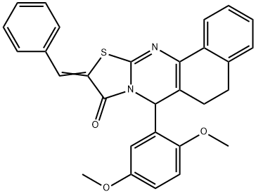 10-benzylidene-7-(2,5-dimethoxyphenyl)-5,7-dihydro-6H-benzo[h][1,3]thiazolo[2,3-b]quinazolin-9(10H)-one Struktur