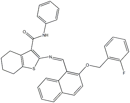 2-[({2-[(2-fluorobenzyl)oxy]-1-naphthyl}methylene)amino]-N-phenyl-4,5,6,7-tetrahydro-1-benzothiophene-3-carboxamide Struktur