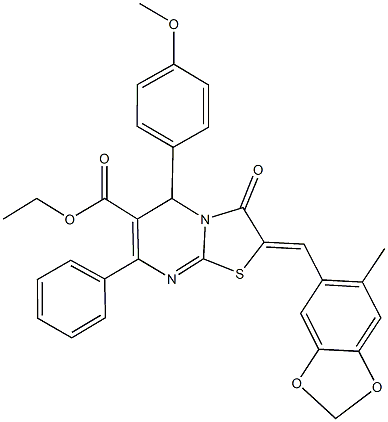 ethyl 5-(4-methoxyphenyl)-2-[(6-methyl-1,3-benzodioxol-5-yl)methylene]-3-oxo-7-phenyl-2,3-dihydro-5H-[1,3]thiazolo[3,2-a]pyrimidine-6-carboxylate Struktur