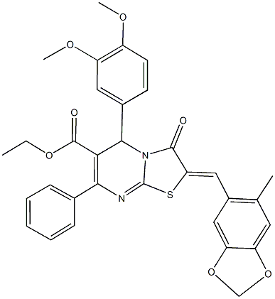 ethyl 5-(3,4-dimethoxyphenyl)-2-[(6-methyl-1,3-benzodioxol-5-yl)methylene]-3-oxo-7-phenyl-2,3-dihydro-5H-[1,3]thiazolo[3,2-a]pyrimidine-6-carboxylate Struktur