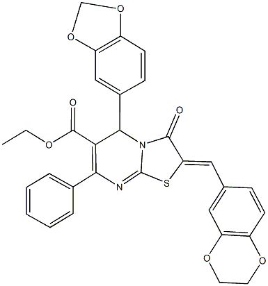 ethyl 5-(1,3-benzodioxol-5-yl)-2-(2,3-dihydro-1,4-benzodioxin-6-ylmethylene)-3-oxo-7-phenyl-2,3-dihydro-5H-[1,3]thiazolo[3,2-a]pyrimidine-6-carboxylate Struktur