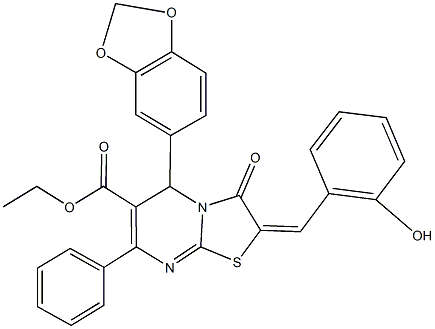 ethyl 5-(1,3-benzodioxol-5-yl)-2-(2-hydroxybenzylidene)-3-oxo-7-phenyl-2,3-dihydro-5H-[1,3]thiazolo[3,2-a]pyrimidine-6-carboxylate Struktur