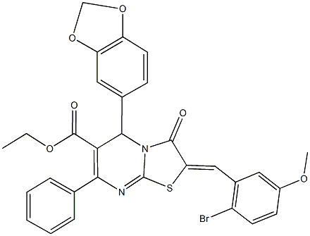 ethyl 5-(1,3-benzodioxol-5-yl)-2-(2-bromo-5-methoxybenzylidene)-3-oxo-7-phenyl-2,3-dihydro-5H-[1,3]thiazolo[3,2-a]pyrimidine-6-carboxylate Struktur